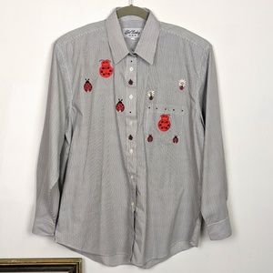 Lady Bug Pin Stripe Button Up w Bling